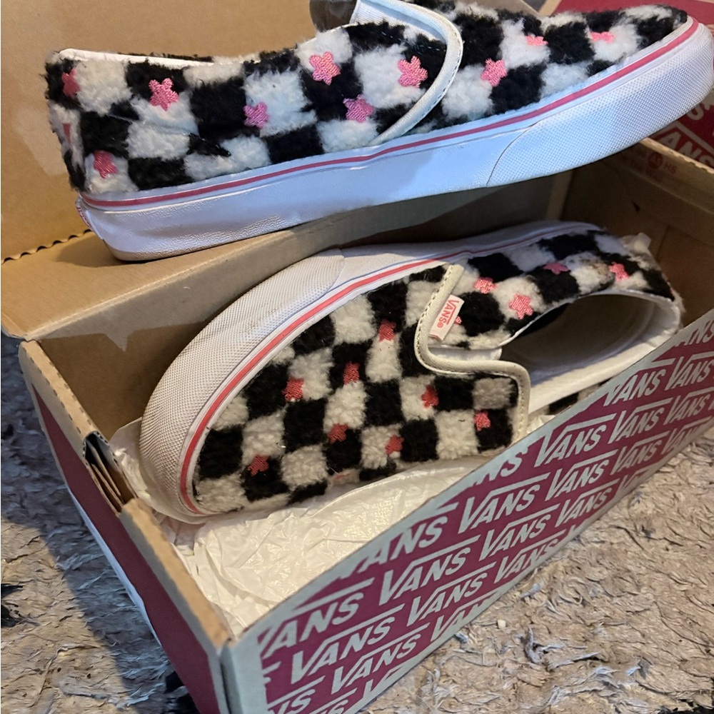 Vans Fuzzy Checkered Slip-Ons in Black, White, and Pink